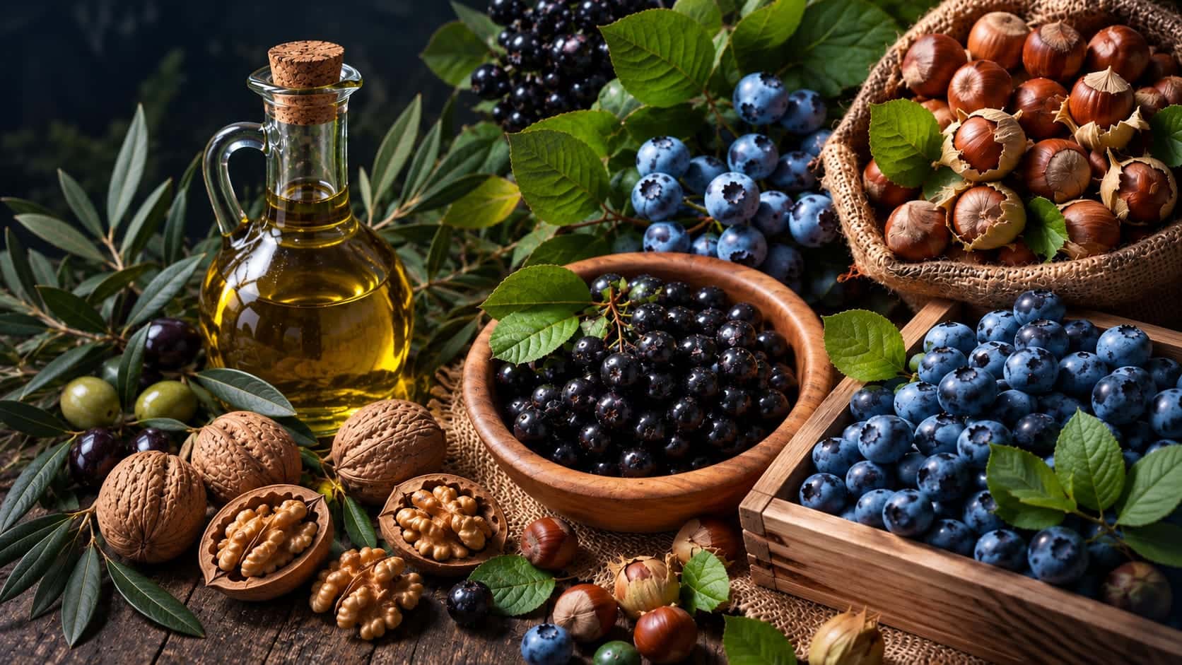 Atranos Farm zeytinyağı, ceviz, Aronya, Yaban Mersini ve Giresun Fındığı ürün kompozisyonu